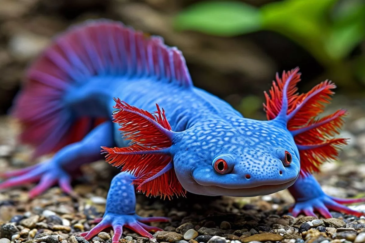 Расцветка аксолотлей может быть разной, иногда встречается необычайно красивое сочетание синего и красного.