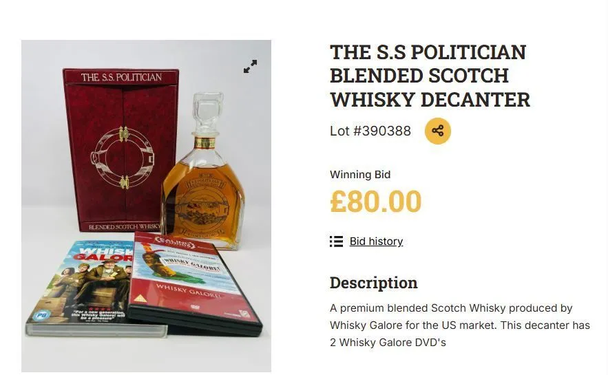 SS Politician - купажированный шотландский виски (Whisky Galore) на онлайн-аукционе. SS Politician - купажированный шотландский виски (Whisky Galore) на онлайн-аукционе.
