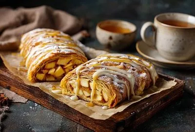 Свернула большой блин с яблоками в рулет — получилось вкуснее пирога и дешевле шарлотки