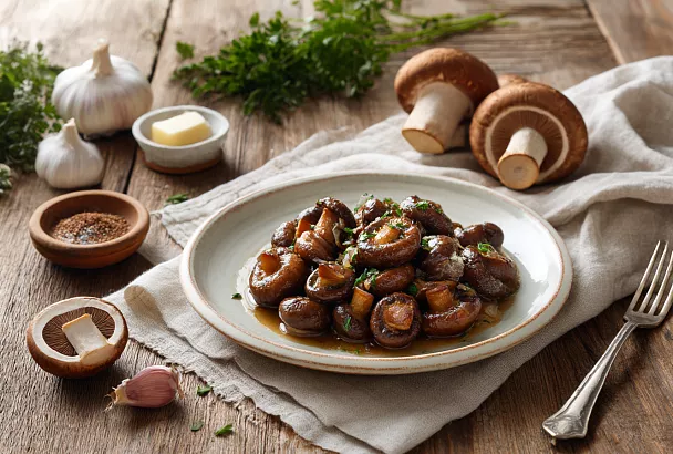 Обжариваю шампиньоны на сильном огне, добавляю «ресторанную» щепотку — и они исчезают со стола моментально