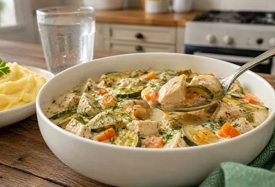 Беру кабачки и куриное филе, тушу в сметанном соусе: вкус сливочный, хотя сливок нет
