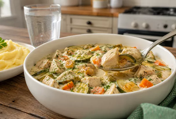 Беру кабачки и куриное филе, тушу в сметанном соусе: вкус сливочный, хотя сливок нет