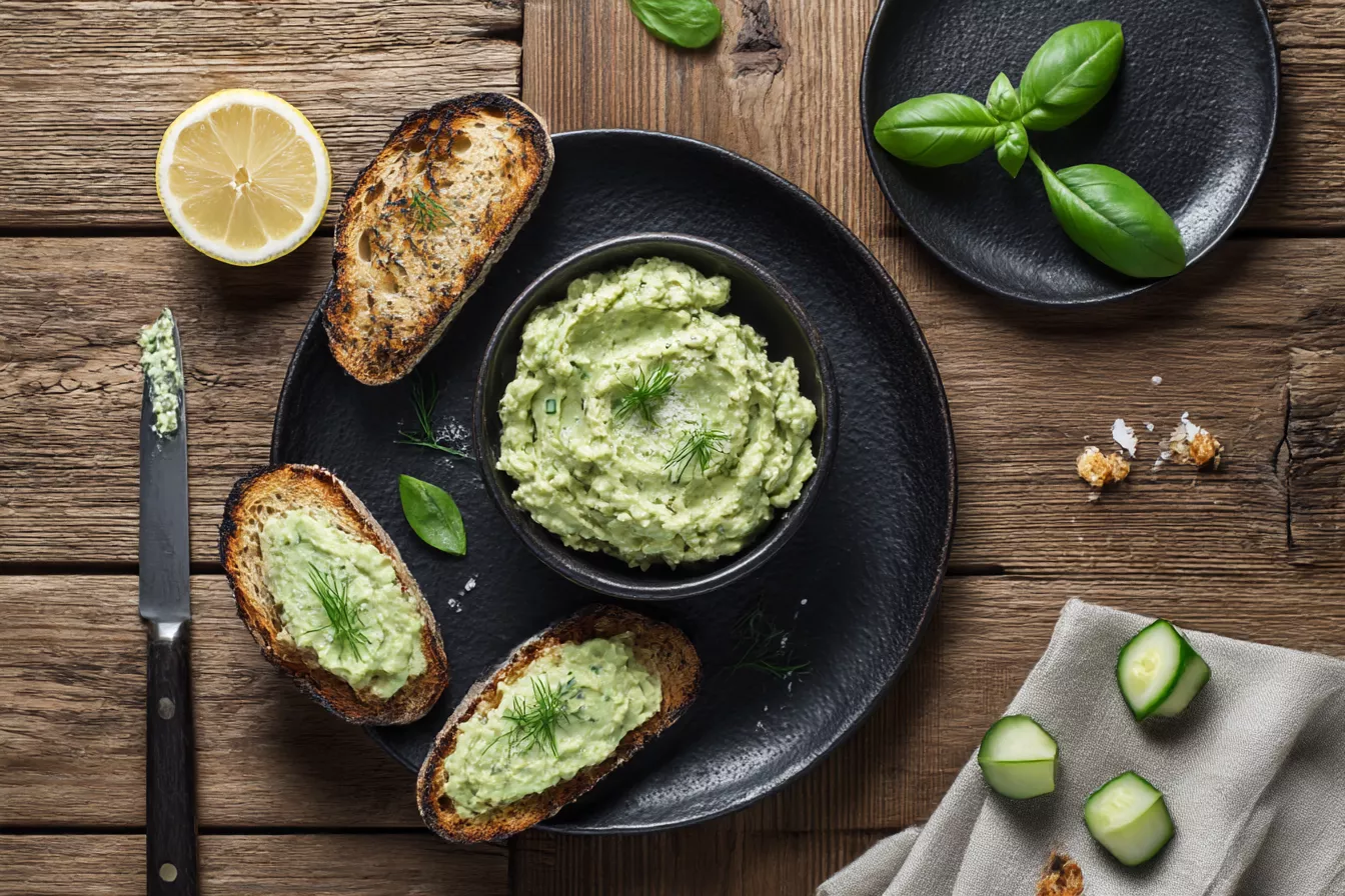 Крем из авокадо с малосольными огурцами на хлебе