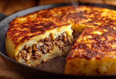 Готовим сытный картофельный пирог на сковороде: хрустящая корочка, сочная начинка из мяса и грибов