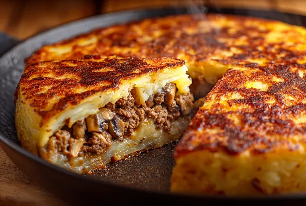 Готовим сытный картофельный пирог на сковороде: хрустящая корочка, сочная начинка из мяса и грибов