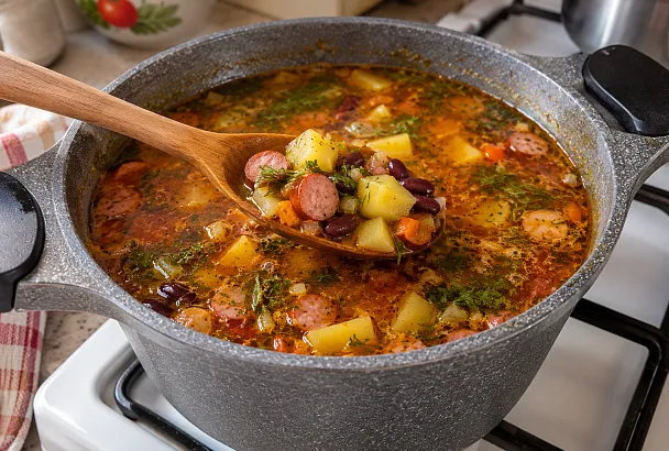Обжариваем охотничьи колбаски и добавляем фасоль: готовим густой и ароматный суп