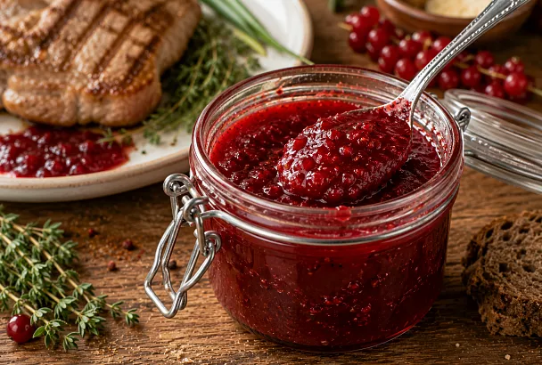 Протираю красную смородину и добавляю специи: получается густой соус к мясу и рыбе