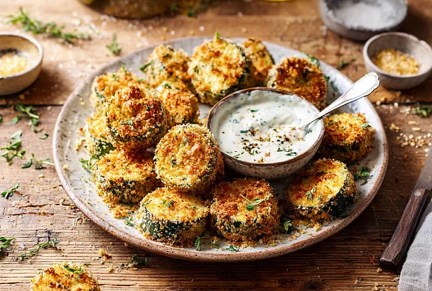 Хрустящие кабачки с сырной панировкой и чесночным соусом