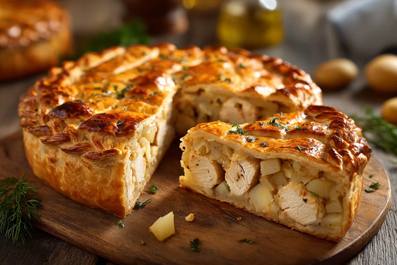 Закрытый пирог с курицей, картофелем и луком на кефирном тест