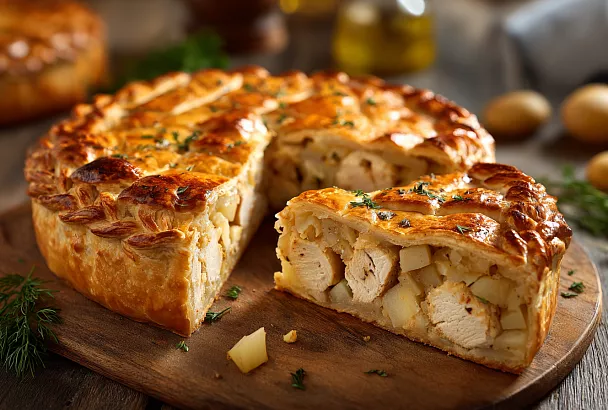 Закрытый пирог с курицей, картофелем и луком на кефирном тест