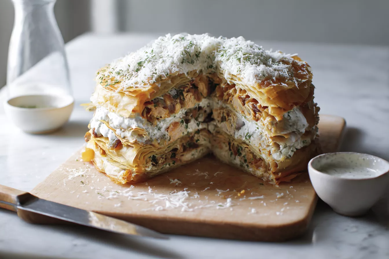 Закусочный торт из лаваша с курицей, грибами и сыром