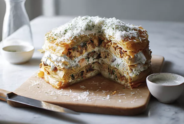 Закусочный торт из лаваша с курицей, грибами и сыром