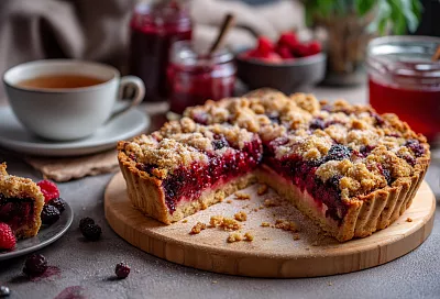 Ленивый пирог с вареньем и ягодами – хрустящая корочка, дети выхватывают кусочки из-под ножа