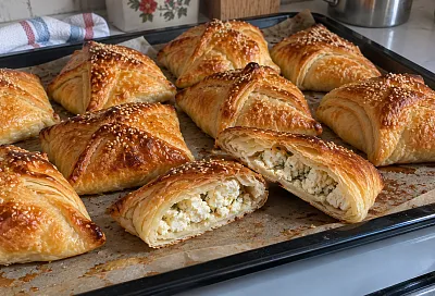 Слоёные булочки с творогом и сыром: складываю тесто в 6 слоёв и промазываю маслом
