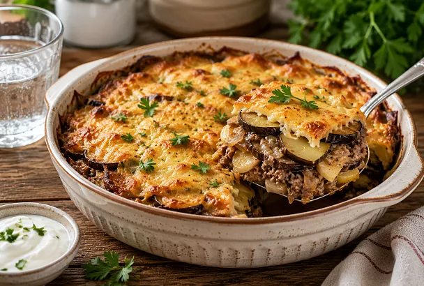 Выкладываю картофель, баклажаны и мясо слоями: получается сочное блюдо без отдельного гарнира