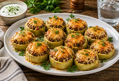 Наполняю кабачковые кольца фаршем и посыпаю сыром: получается красивый летний ужин