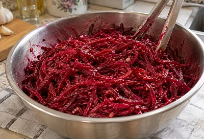 Свёкла по-корейски: горячее масло с луком выливаем прямо на чеснок и специи
