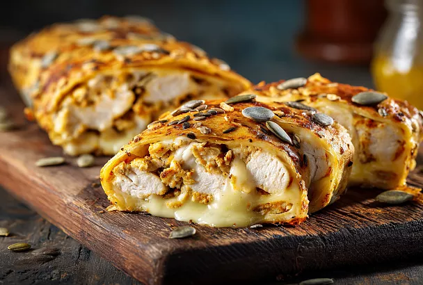 Куриный рулет в лаваше: сочный, с тянущимся сыром и хрустящей корочкой