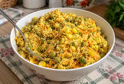 Тушим морковь 5 минут и добавляем горошек с кукурузой: салат выходит сочным и сытным