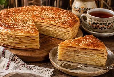 Складываю тонкие блины стопкой с манкой и сахаром: пирог "кадуйский доспешник" выходит слоёным и необычным