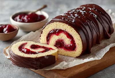 Нежнейший вишнёвый бисквитный рулет в шоколаде – тает во рту и готовится проще простого
