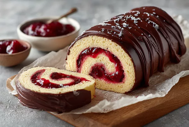 Нежнейший вишнёвый бисквитный рулет в шоколаде – тает во рту и готовится проще простого