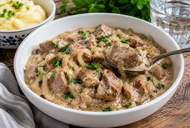 Беру 1 кг свинины и много лука, тушу в сметанном соусе: мясо получается мягким и сочным