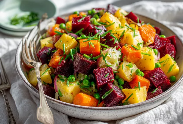 Готовлю самый вкусный винегрет: овощи запекаю в духовке — салат яркий, сочный и не водянистый