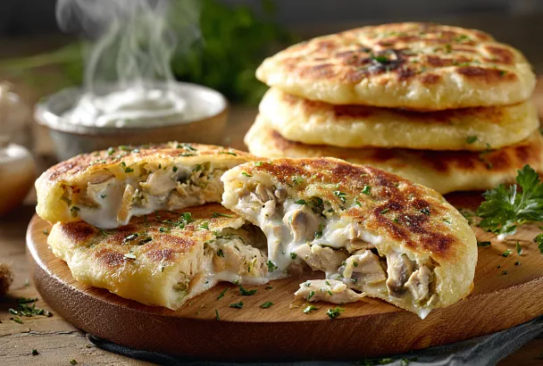 Лепёшки с курицей и грибами в сливочном соусе – сочнее чебуреков, нежнее пирожков! 8 штук за 40 минут 