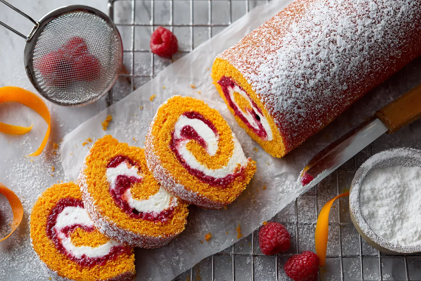 Морковный рулет с малиновым конфи и сливочным кремом