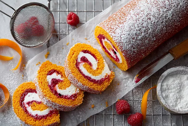 Морковный рулет с малиновым конфи и сливочным кремом