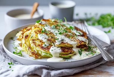 Капустные стейки с сырным соусом: сочные и хрустящие