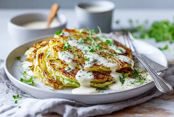 Капустные стейки с сырным соусом: сочные и хрустящие