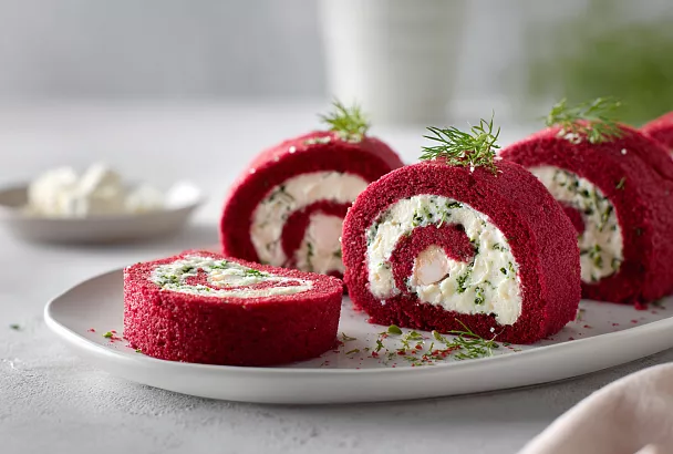 Яркие свекольные рулетики с крабовыми палочками и сырной начинкой