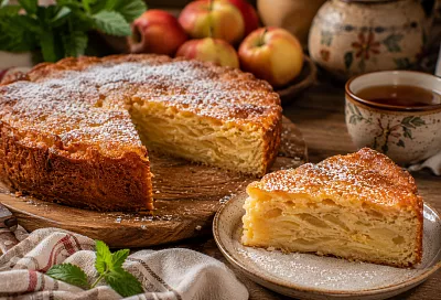 Насыпаю сухое тесто слоями с яблоками и заливаю молоком: болгарский пирог выходит сочным, как торт