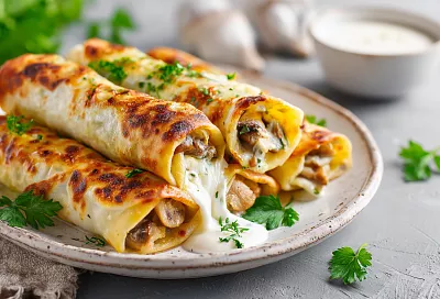 Жюльен в лаваше с курицей и грибами – хрустящий снаружи, тягучий внутри, ужин за 10 минут