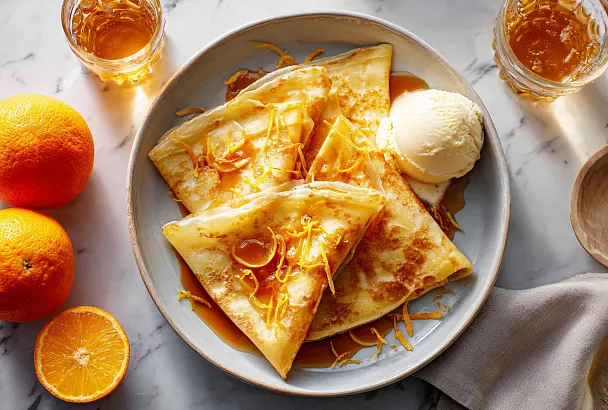 Французские креп-сюзетт – блинчики в апельсиновом соусе с фламбе, тают во рту