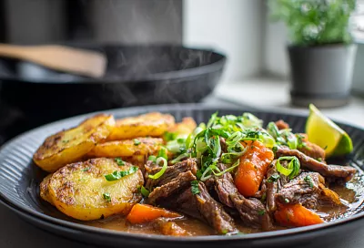 Идеальный обед для дома: картофель, сочная говядина и ароматный соус