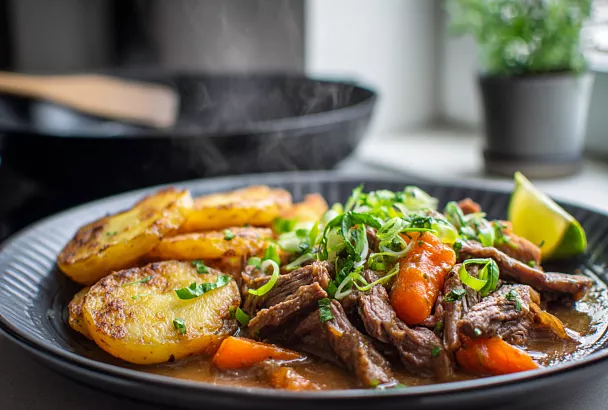 Идеальный обед для дома: картофель, сочная говядина и ароматный соус