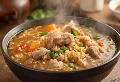 Китайский пряный суп с рисом и свининой: нарезал шею, обжарил — и мясо сочное, а бульон насыщенный