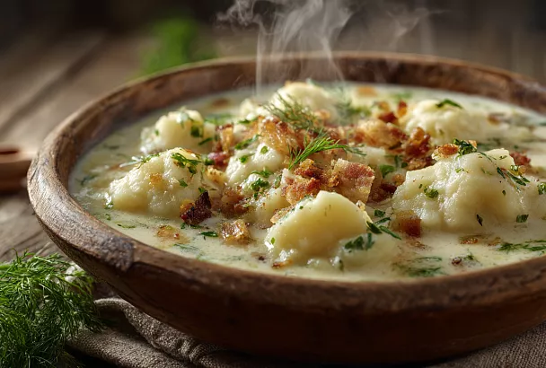 Густой картофельный суп с зажаркой из сала и затиркой — вкус детства за 15 минут