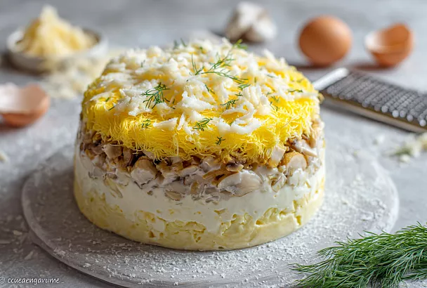 Салат «Нежность» с курицей и грибами – пушистый, слоистый, тает во рту и собирается за 20 минут
