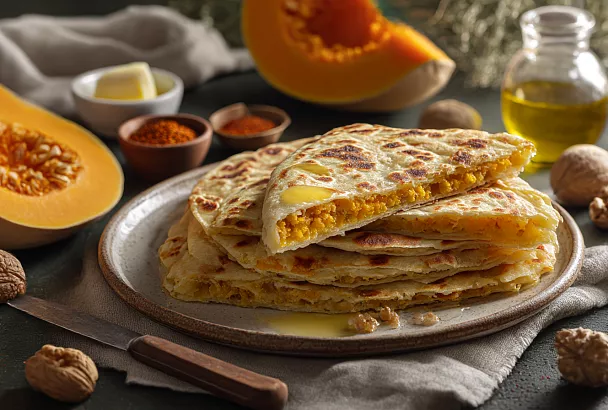 Замешиваю простое тесто на воде, тру тыкву с орехами — и за минуту на сковороде получаются тонкие чуду полумесяцем