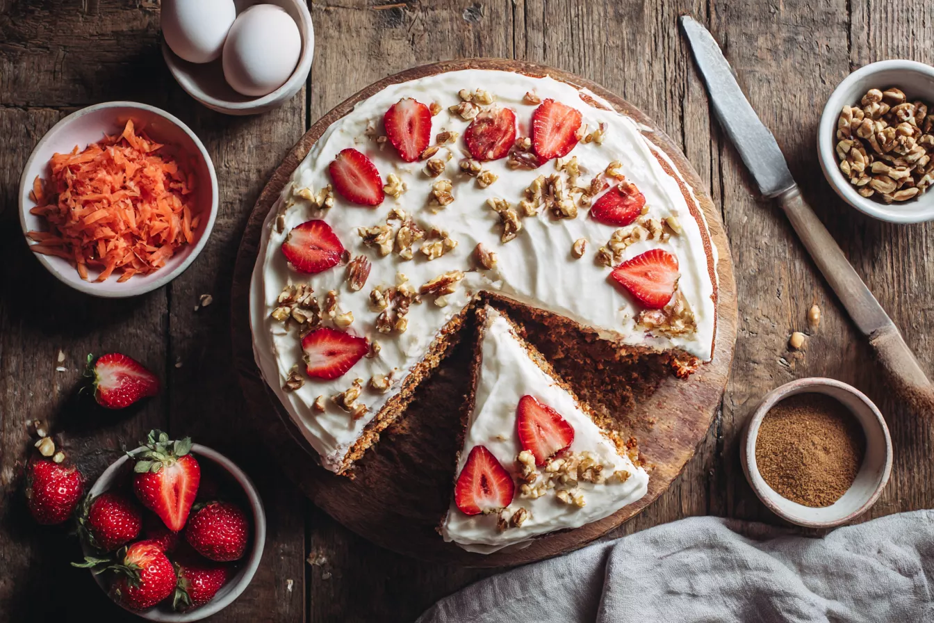 Морковный торт «влажный внутри»: простой корж, щедрый крем и ягоды сверху