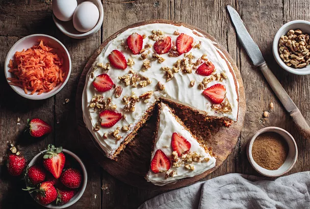 Морковный торт «влажный внутри»: простой корж, щедрый крем и ягоды сверху