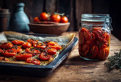 Ленивые вяленые помидоры: 5 зубчиков чеснока, ложка итальянских трав, духовка 100 °C — ночь, и готово