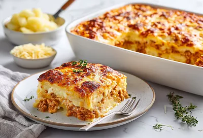 Ароматная картофельная запеканка с курицей и золотистой сырной шапочкой