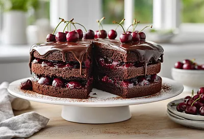 Шоколадный торт с вишней на Новый год: через час на столе сочный десерт с блестящей глазурью
