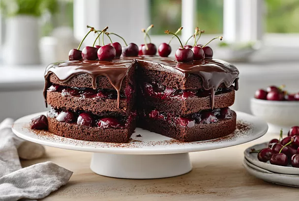 Шоколадный торт с вишней на Новый год: через час на столе сочный десерт с блестящей глазурью