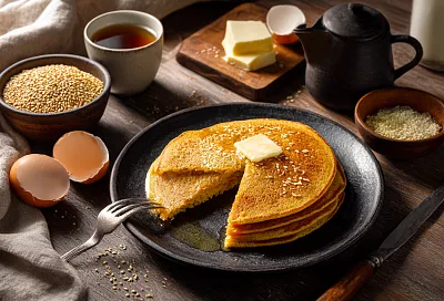 Блины без муки из пшена: золотистые, пышные и с кунжутом